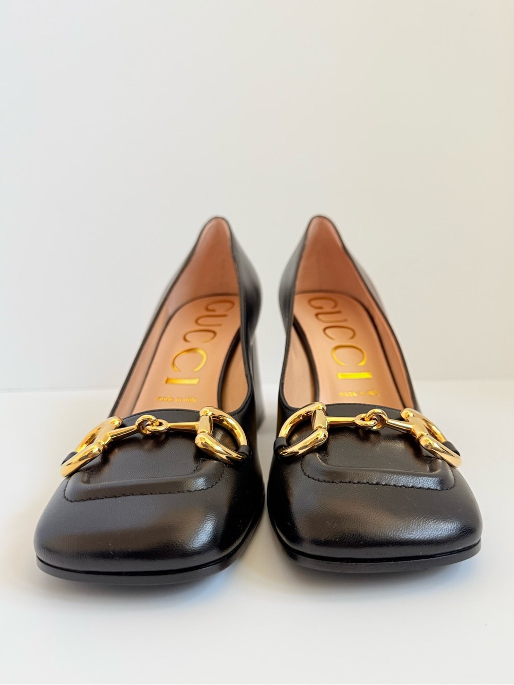 Gucci Malaga Kid Leather baby Horsebit Pumps Black Gold Block Heel EU 39 New - Picture 3 of 11